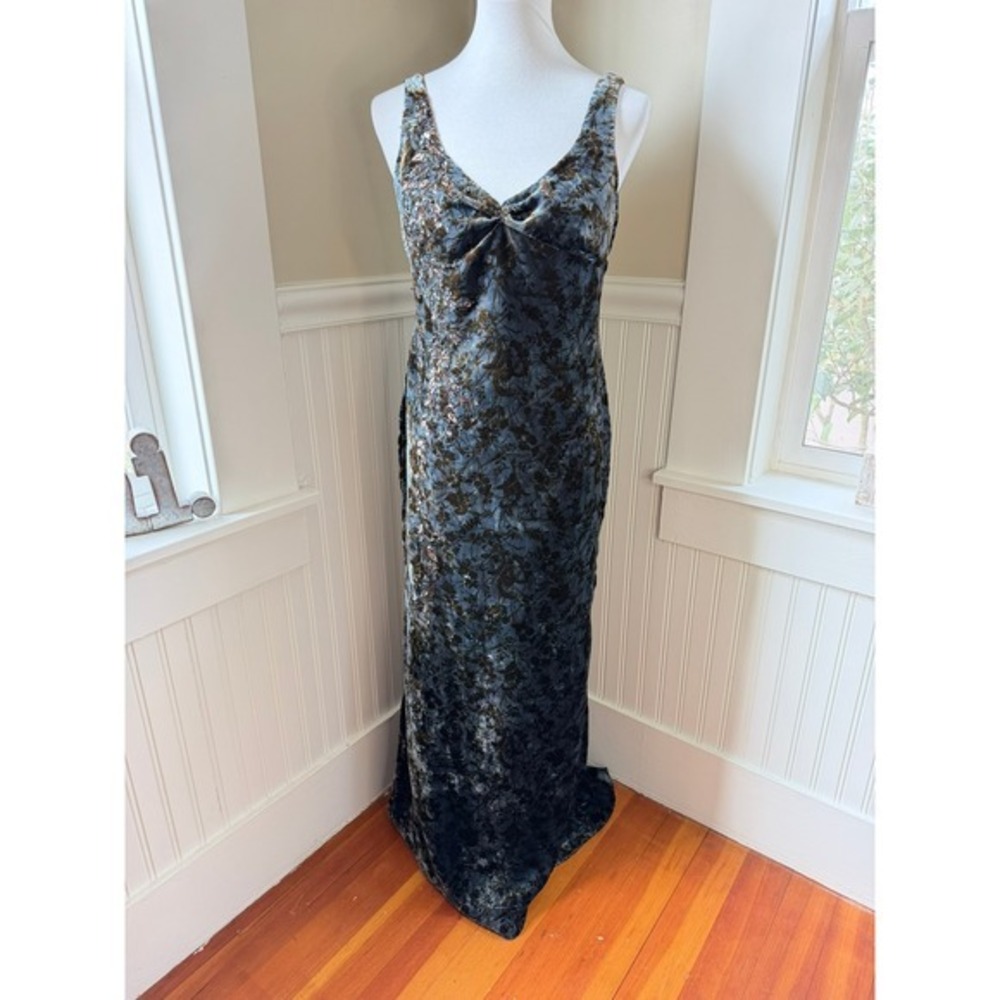 Badgley Mischka Burnout Velvet Sequin Embellished Gown Blue Bronze M